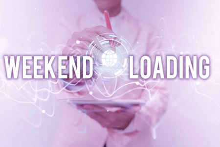 Text caption presenting Weekend Loading. Word Written on Starting Friday party relax happy time...