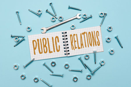 Sign displaying Public Relations. Business concept state of the relationship between the public and a company Maintenance Tools And Equipments Mechanic And Engineer Repairsの写真素材