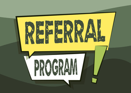 Handwriting text Referral Program. Business showcase employees are rewarded for introducing suitable recruits Two Colorful Overlapping Dialogue Box Drawing With Exclamation Mark.の写真素材