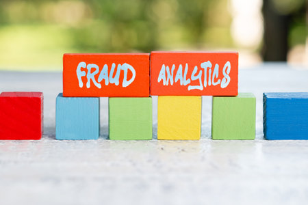 Text caption presenting Fraud Analytics. Business concept identification of actual or expected fraud to take place Working Activities Outside, Displaying Building Colorful Blocksの写真素材