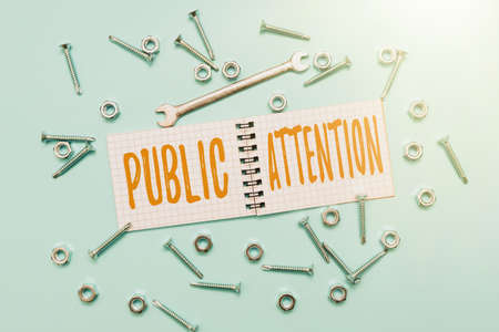 Writing displaying text Public Attention. Business idea the attention or focus of the general public to a person Maintenance Tools And Equipments Mechanic And Engineer Repairsの写真素材
