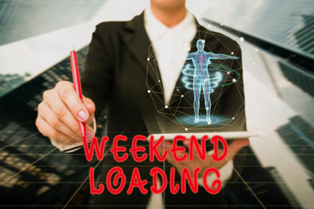 Text caption presenting Weekend Loading. Word Written on Starting Friday party relax happy time...