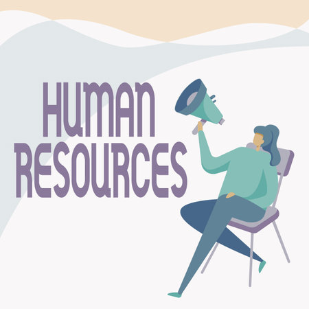 Inspiration showing sign Human Resources. Business concept The showing who make up the workforce of an organization Woman Drawing Holding Megaphone Sitting On A Chair Crossed Legs.の写真素材