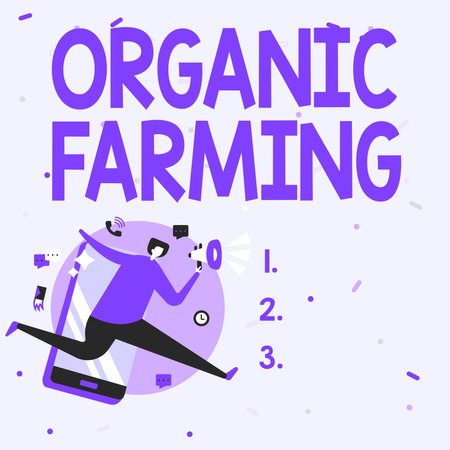 Handwriting text Organic Farming. Conceptual photo an integrated farming system that strives for sustainability Man Drawing Holding Megaphone Running With Phone Making Comments.の写真素材