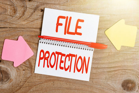 Sign displaying File Protection. Business idea Preventing accidental erasing of data using storage medium Display of Different Color Sticker Notes Arranged On flatlay Lay Backgroundの写真素材