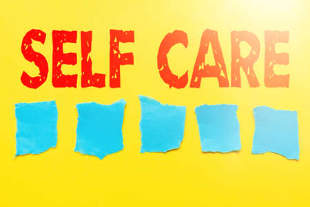 Conceptual caption Self Care. Word for practice of taking action preserve or improve ones own health Critical Thinking Finding Clues Answering Questions Collecting Dataの写真素材