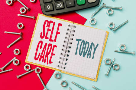 Hand writing sign Self Care. Word Written on practice of taking action preserve or improve ones own health Calculated Plans For Repairs And Maintenance Estimating Repair Projectsの写真素材