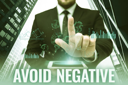Text caption presenting Avoid Negative. Word for Staying away from pessimistic showing Suspicious Depression Hands Holding A Mobile Phone In Laboratory Showing Futuristic Technology.の写真素材