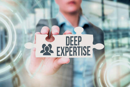 Conceptual caption Deep Expertise. Business showcase Great skill or broad knowledge in a particular field or hobby Business Woman Holding Jigsaw Puzzle Piece Unlocking New Futuristic Tech.の写真素材