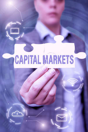 Writing displaying text Capital Markets. Word for Allow businesses to raise funds by providing market security Business Woman Holding Jigsaw Puzzle Piece Unlocking New Futuristic Tech.の写真素材