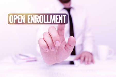 Text caption presenting Open Enrollment. Business concept The yearly period when showing can enroll an insurance Presenting Communication Technology Smartphone Voice And Video Callingの写真素材