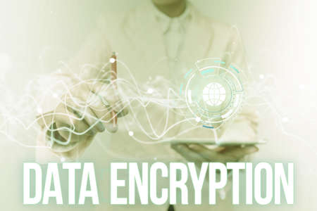Inspiration showing sign Data Encryption. Business idea Symmetrickey algorithm for the encrypting electronic data Lady In Uniform Using Futuristic Mobile Holographic Display Screen.の写真素材