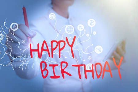 Conceptual display Happy Birthday. Business idea The birth anniversary of a person is celebrated with presents Lady In Uniform Standing And Holding Tablet Showing Futuristic Technology.の写真素材