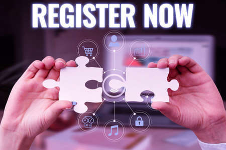 Text sign showing Register Now. Business idea official list or record showing or things into web or forum Business Woman Holding Jigsaw Puzzle Piece Unlocking New Futuristic Tech.の写真素材