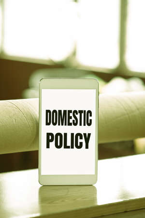 Sign displaying Domestic Policy. Word for Actions taken by a national government to deal with issues Thinking New Bright Ideas Renewing Creativity And Inspirationの写真素材