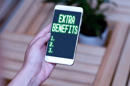 Conceptual display Extra Benefits. Internet Concept Additional compensation Bonus Subsidies Incentives Allowances Voice And Video Calling Capabilities Connecting People Togetherの写真素材
