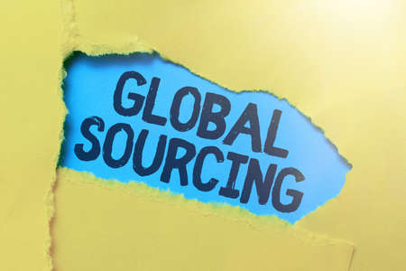 Text caption presenting Global Sourcing. Business overview practice of seeking goods and services...