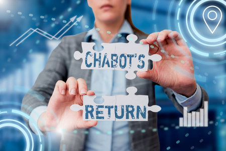Text sign showing Chabot S Return. Business showcase the come back of conversation via auditory or textual method Business Woman Holding Jigsaw Puzzle Piece Unlocking New Futuristic Tech.の写真素材