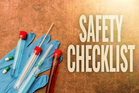 Conceptual caption Safety Checklist. Word for list of items you need to verify, check or inspect Writing Prescription Medicine Laboratory Testing And Analyzing Infectionsの写真素材