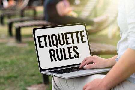 Hand writing sign Etiquette Rules. Business approach customs that control accepted behaviour in social groups Online Jobs And Working Remotely Connecting People Togetherの写真素材