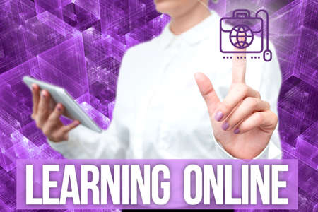 Handwriting text Learning Online. Business idea Learn something new with the help of internet and technology Lady In Uniform Standing Hold Phone Virtual Press Button Futuristic Tech.の写真素材