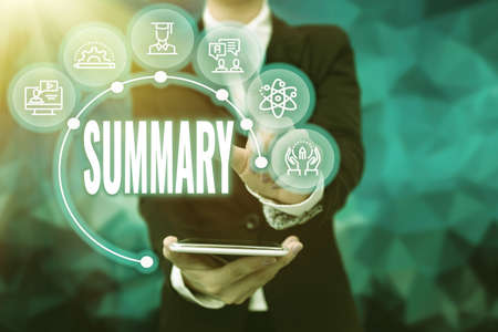 Conceptual display Summary. Business idea brief statement or account of main points of something subject Lady In Uniform Holding Tablet In Hand Virtually Tapping Futuristic Tech.の写真素材