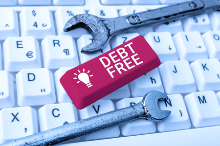 Conceptual display Debt Free. Business approach does not owning any money or things to any individual or companies Abstract Typing New Spreadsheets, Organizing Filing Systems Conceptの写真素材
