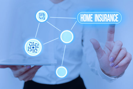 Hand writing sign Home Insurance. Word for Covers looses and damages and on accidents in the house Lady Holding Tablet Pressing On Virtual Button Showing Futuristic Tech.の写真素材