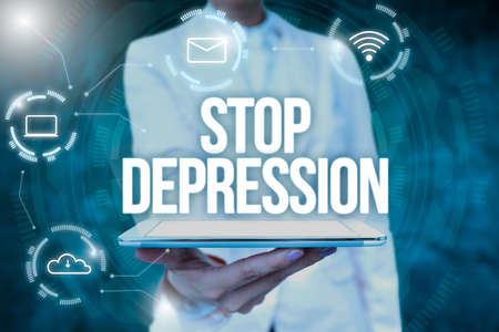 Conceptual caption Stop Depression. Business concept end the feelings of severe despondency and dejection Lady Uniform Standing Tablet Hand Presenting Virtual Modern Technologyの写真素材