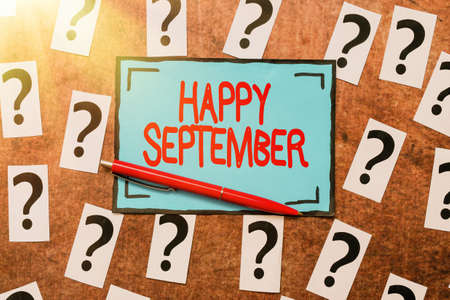 Text sign showing Happy September. Business approach welcoming the joy may bring of the ninth month of the year Progress In Solving Problems Breakthrough New Designs And Ideasの写真素材