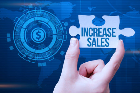 Inspiration showing sign Increase Sales. Business overview Boosting the product sold to customers Trade Growth Hand Holding Jigsaw Puzzle Piece Unlocking New Futuristic Technologies.の写真素材