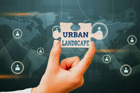 Sign displaying Urban Landscape. Internet Concept images that capture scenes within a city that can...