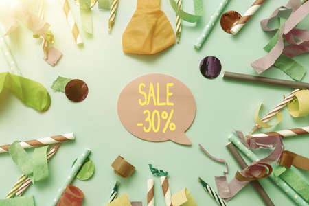 Text sign showing Sale 30 Percent. Business approach A promo price of an item at 30 percent markdown Colorful Party Collections Flashy Celebration Stuff Birthday Festival Kitの写真素材