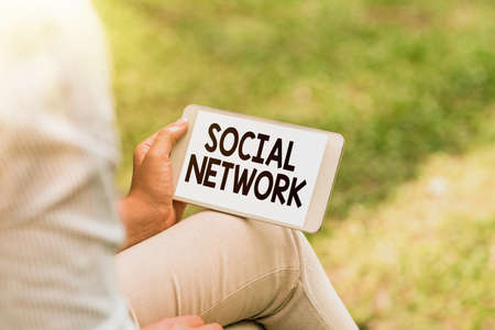 Conceptual display Social Network. Word for Interactions Sharing Information Interpersonal relationship Voice And Video Calling Capabilities Connecting People Togetherの写真素材