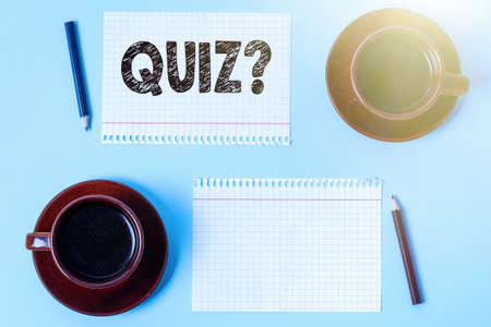 Hand writing sign Quiz Question. Business idea test of knowledge as competition between individuals or teams Display of Different Color Sticker Notes Arranged On flatlay Lay Backgroundの写真素材