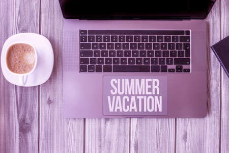 Handwriting text Summer Vacation. Word for the time when children do not go to school in the summer Lady Hands Pointing Pressing Computer Keyboard Keys Typewriting New Ideas.の写真素材