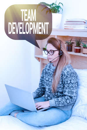 Text caption presenting Team Development. Business approach learn why and how small groups change over time with graphs Student Learning New Things Online, Casual Internet Surfing And Browsingの写真素材