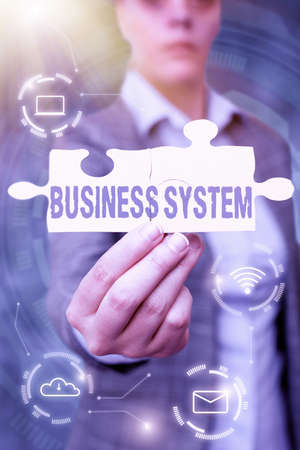 Text showing inspiration Business System. Concept meaning A method of analyzing the information of organizations Business Woman Holding Jigsaw Puzzle Piece Unlocking New Futuristic Tech.の写真素材