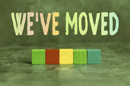 Handwriting text We Ve Moved. Word for having strong feelings sadness or sympathy has said or done Stack of Sample Cube Rectangular Boxes On Surface Polished With Multi-Colourの写真素材