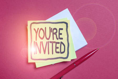 Inspiration showing sign You Re Invited. Business idea make a polite friendly request to someone go somewhere Writing Notes And Important Ideas New Bulletin Board Designsの写真素材