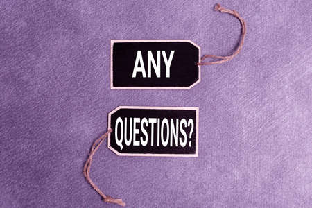 Writing displaying text Any Questions Question. Conceptual photo you say write order to ask person about something Collection of Blank Empty Sticker Tags Tied With A String For Information Label Signの写真素材