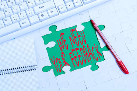 Inspiration showing sign We Need Your Feedback. Business overview criticism given to say can be done improvement Building An Unfinished White Jigsaw Pattern Puzzle With Missing Last Pieceの写真素材