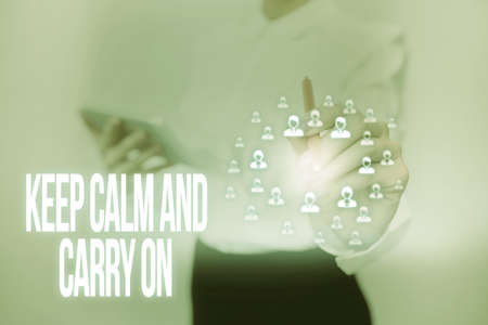Conceptual display Keep Calm And Carry On. Conceptual photo slogan calling for persistence face of challenge Lady In Uniform Standing Holding Tablet Typing Futuristic Technologies.