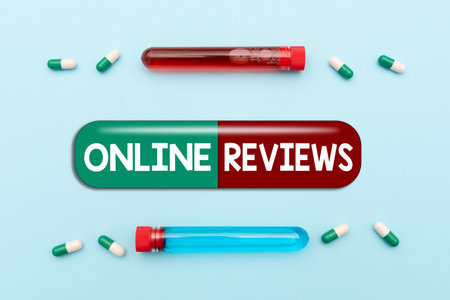 Conceptual caption Online Reviews. Conceptual photo Product evaluation Customer feedback publish in the website Prescribed Medicine Vitamines And Minerals Pills And Medical Suppliesの写真素材