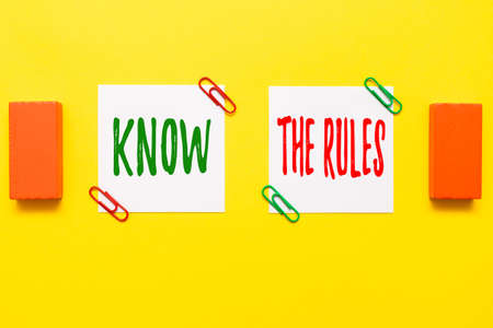 Text sign showing Know The Rules. Business approach set explicit or regulation principles governing conduct Critical Thinking Finding Clues Answering Questions Collecting Dataの写真素材