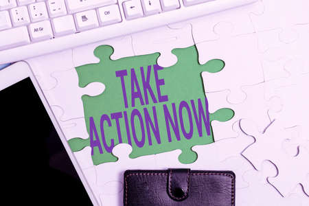 Handwriting text Take Action Now. Business concept do something official or concerted achieve aim with problem Building An Unfinished White Jigsaw Pattern Puzzle With Missing Last Pieceの写真素材