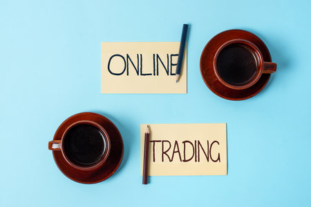 Hand writing sign Online Trading. Internet Concept Buying and selling assets via a brokerage internet platform Display of Different Color Sticker Notes Arranged On flatlay Lay Backgroundの写真素材