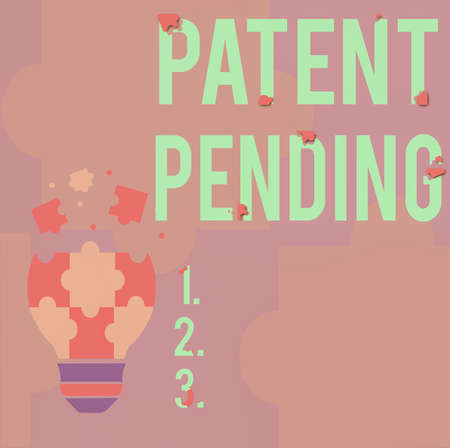 Text sign showing Patent Pending. Business approach Request already filed but not yet granted Pursuing protection Abstract Brainstorming Problem And Solution, Careful Thinking Conceptの写真素材