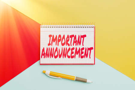 Conceptual caption Important Announcement. Business idea spoken statement that tells showing about something Colorful Perpective Positive Thinking Creative Ideas And Inspirationsの写真素材