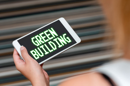 Conceptual caption Green Building. Word Written on A structure that is environmentally responsible Sustainable Voice And Video Calling Capabilities Connecting People Togetherの写真素材